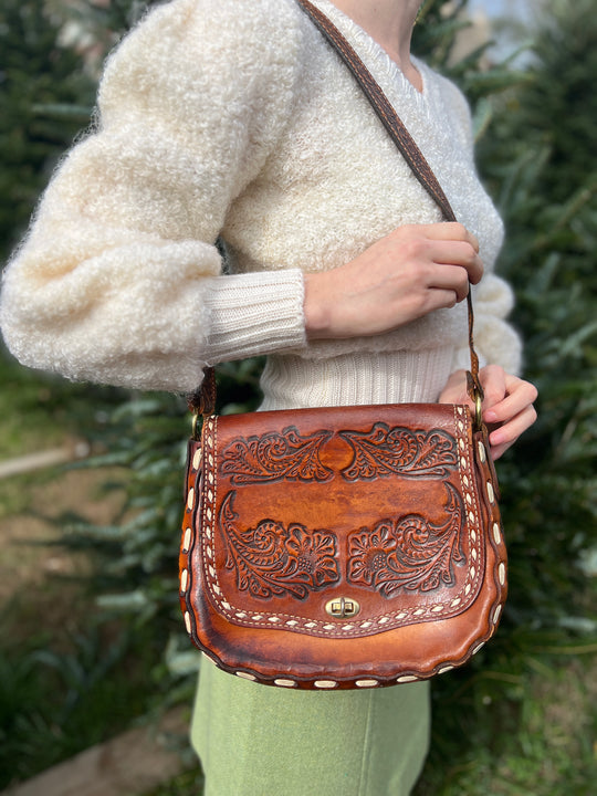 Vintage Leather Tooled Saddle Bag Purse, Nocona