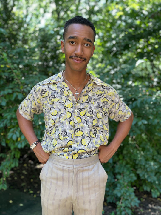 Mens 40s Gray Green Black Leaf Print Rayon Shirt, Willo Rose by Enro
