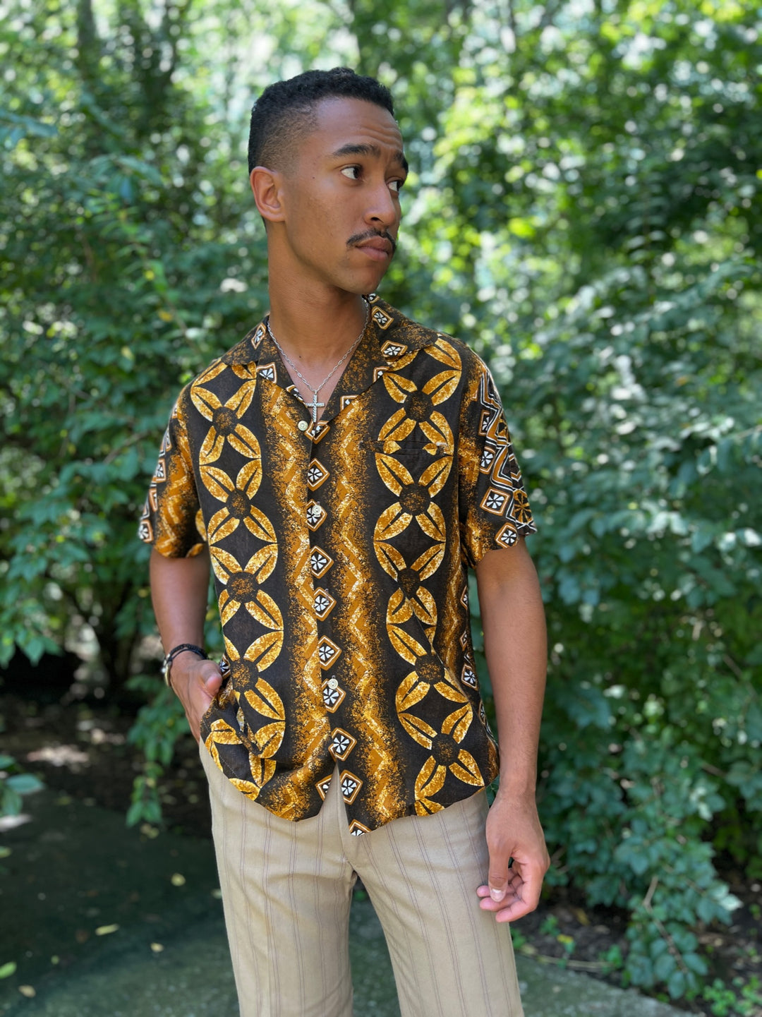Mens Vintage 70s Brown Cotton Aloha Shirt, Tropicana Mens Vintage 70s Brown Cotton Aloha Shirt, Tropicana