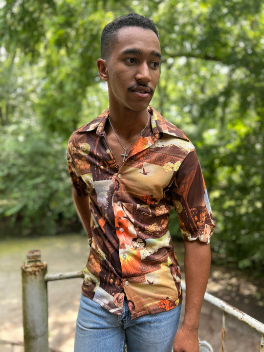 Mens Vintage 70s Nylon Photo Fabric Short Sleeve Shirt