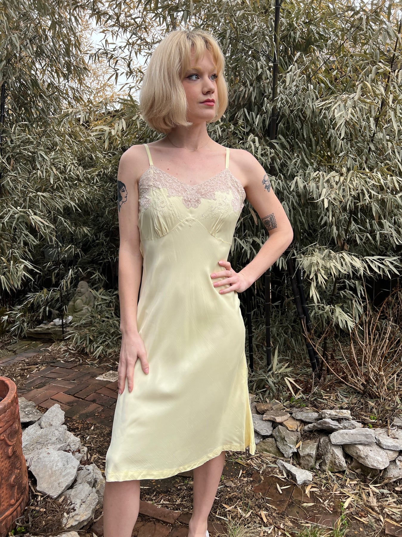 Satin Women Wearing Full Slips 40s Yellow Satin Full Slip Dress