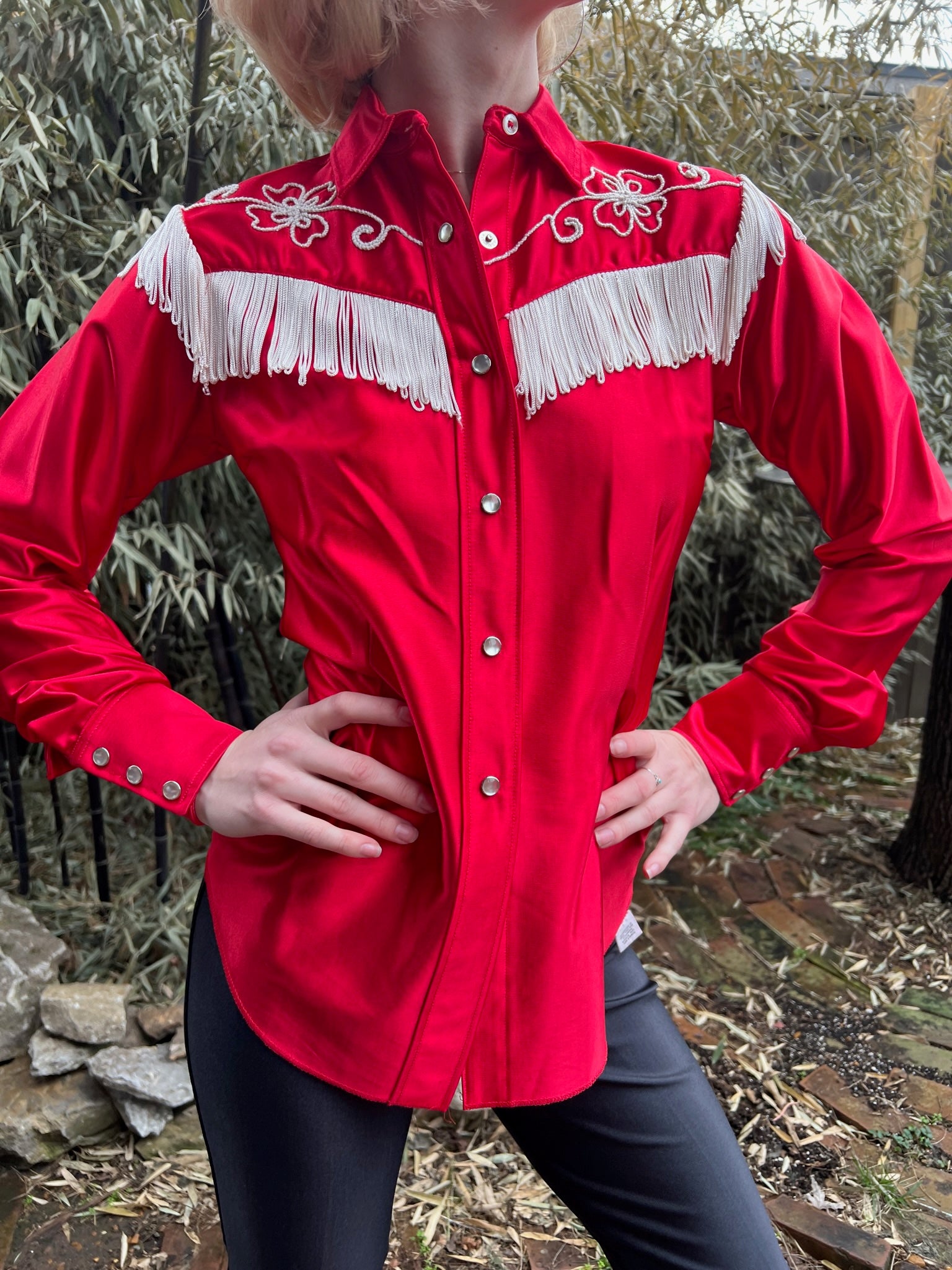 80s Red Nylon Western Shirt, Fringe and Embroidery, H Bar C – The