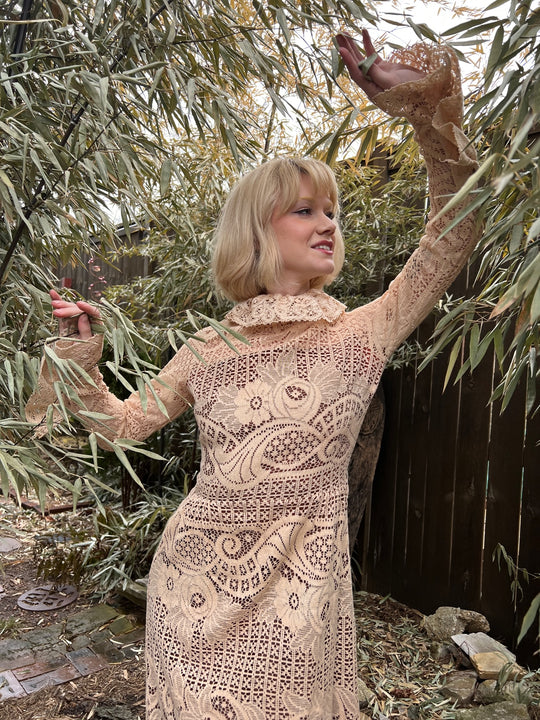 70s Brown Nylon Maxi Dress, Creme Lace Overlay, Joy Stevens of California