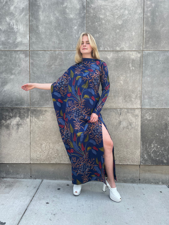 70s Blue Botanical print Poly Maxi Dress, 1 Long Sleeve