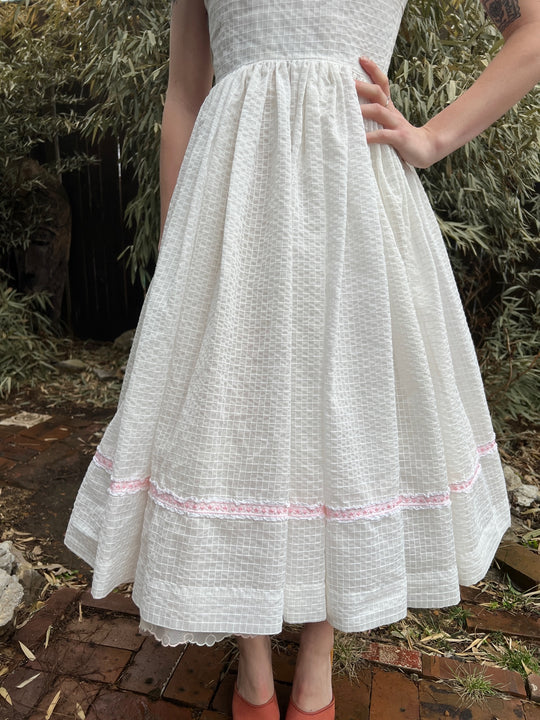50s White Grid Pattern Nylon Party Dress
