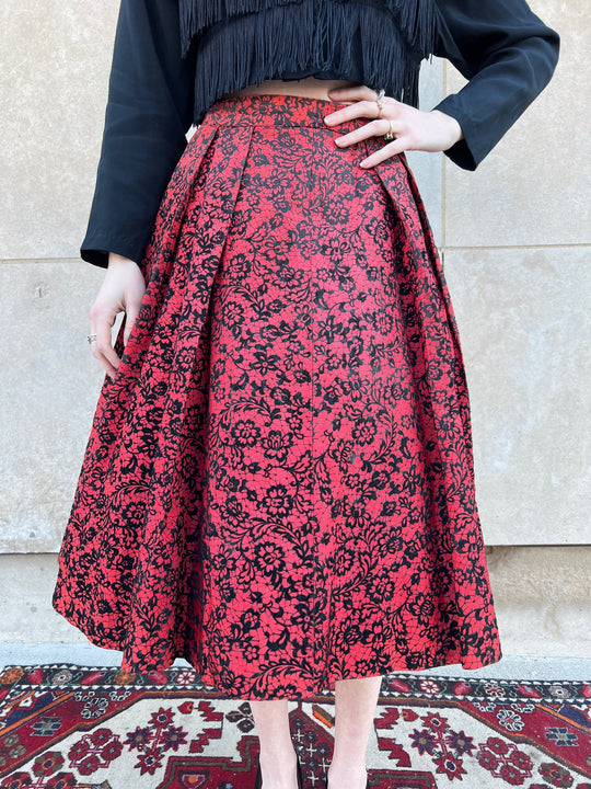 50s Red Taffeta Skirt, Black Floral Flocking