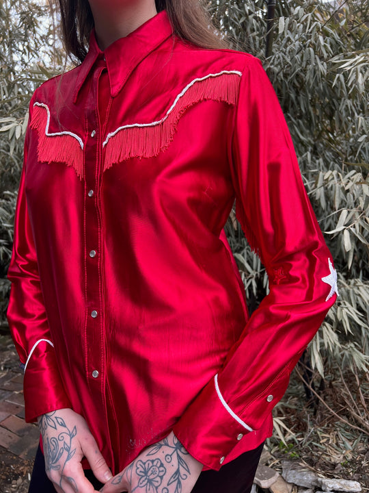 80s Red Nylon Western Shirt with Fringe, Rockmount
