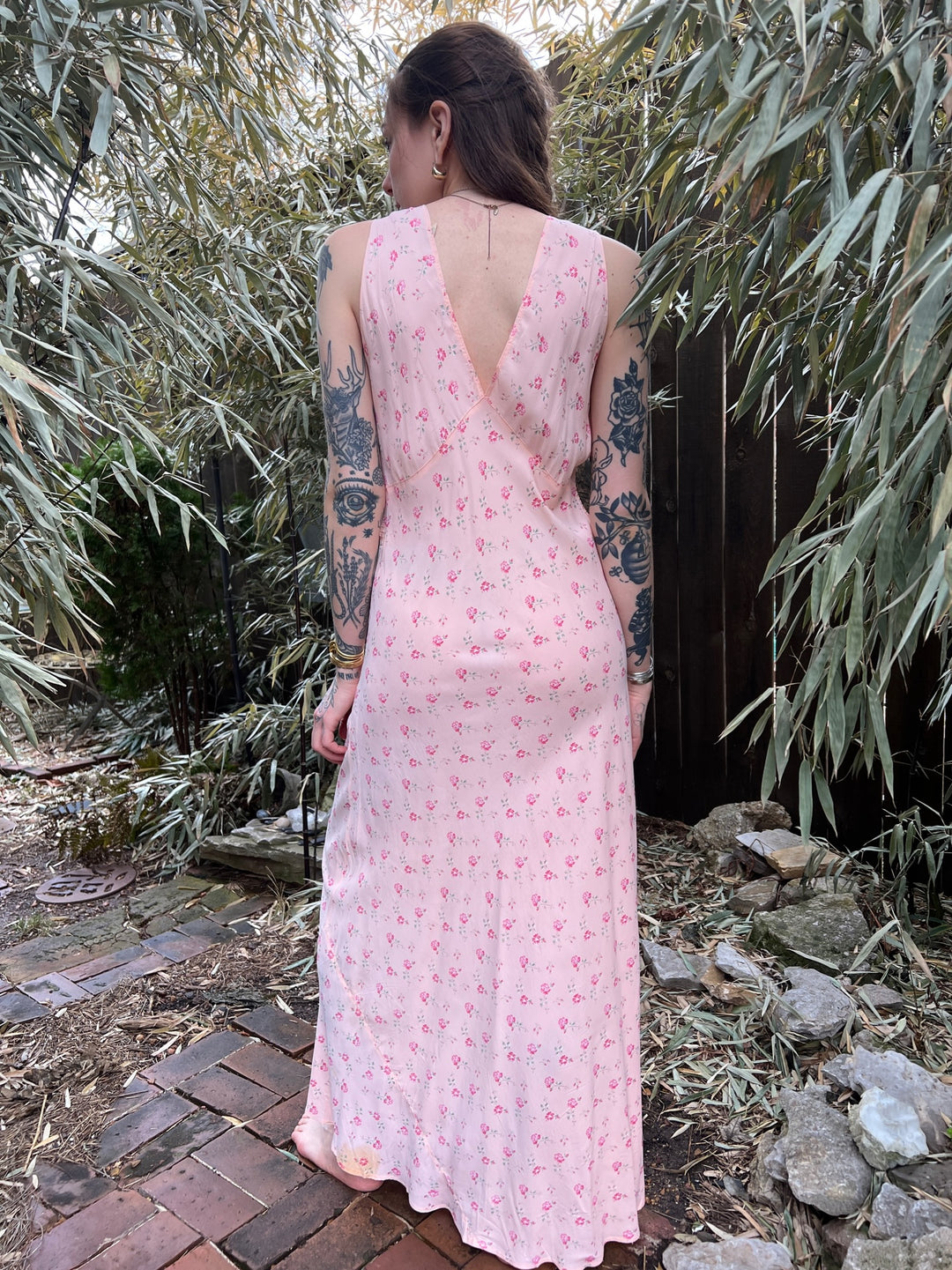 50s Pink Floral Rayon Dress gown, Bias Cut