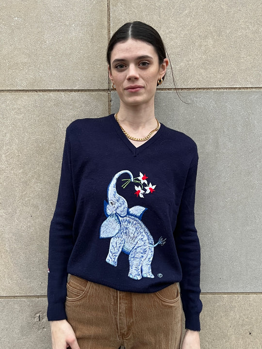70s Blue Acrylic Novelty Sweater, Elephant Appliqué, Cyn Les