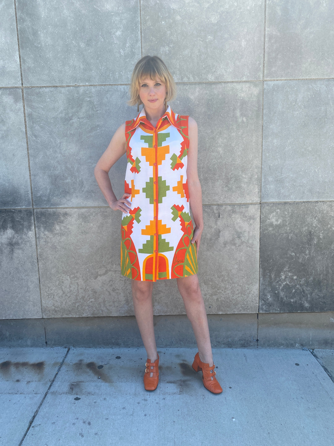60s Vintage Orange Green Print Cotton Shift Dress, Vera 60s Vintage Orange Green Print Cotton Shift Dress, Vera