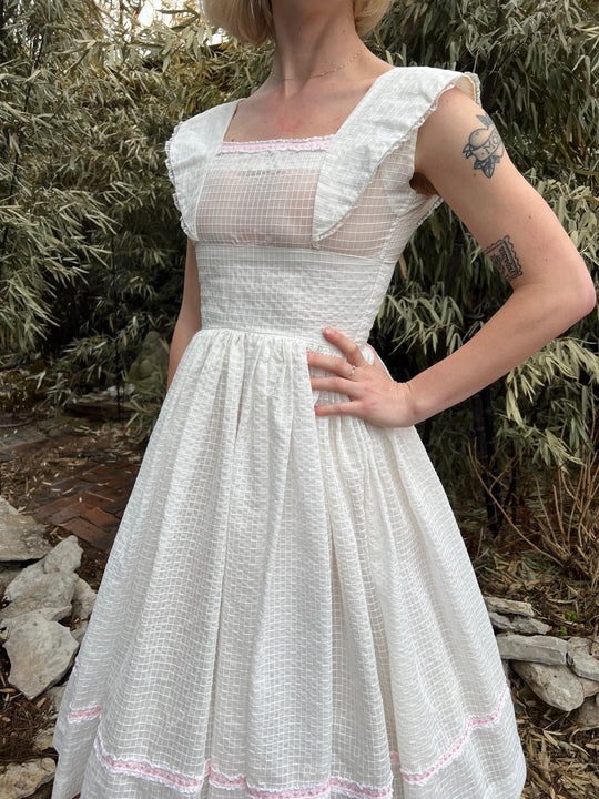 50s White Grid Pattern Nylon Party Dress