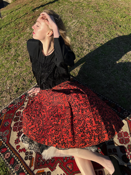 50s Red Taffeta Skirt, Black Floral Flocking