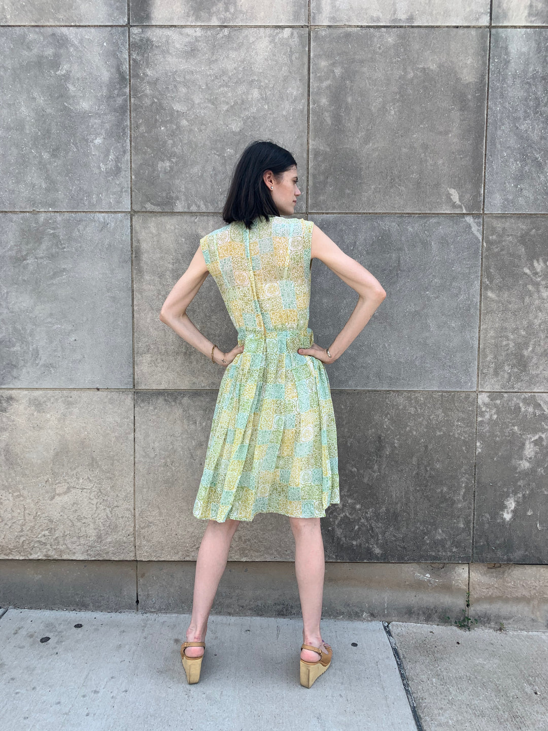 50s Green Botanical Print Ruffle Front Dress, R&K Originals