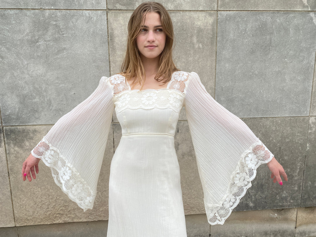 70s Ivory Cotton Maxi Dress Angel Wing Sleeves, Nadine