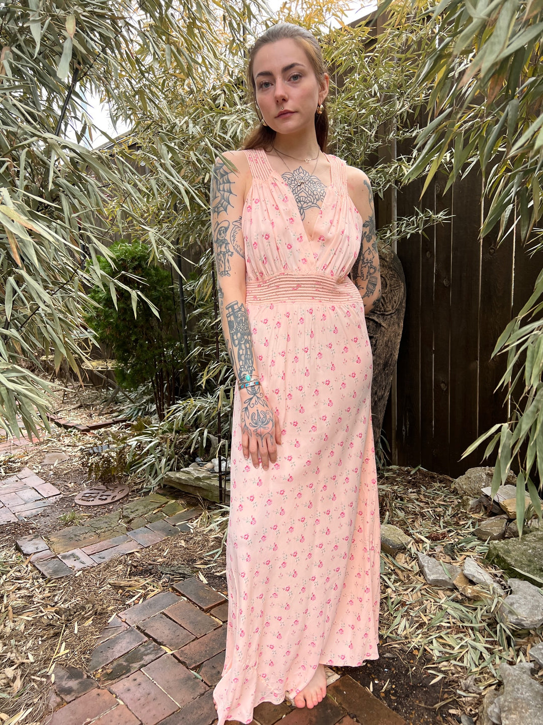 50s Pink Floral Rayon Dress gown, Bias Cut