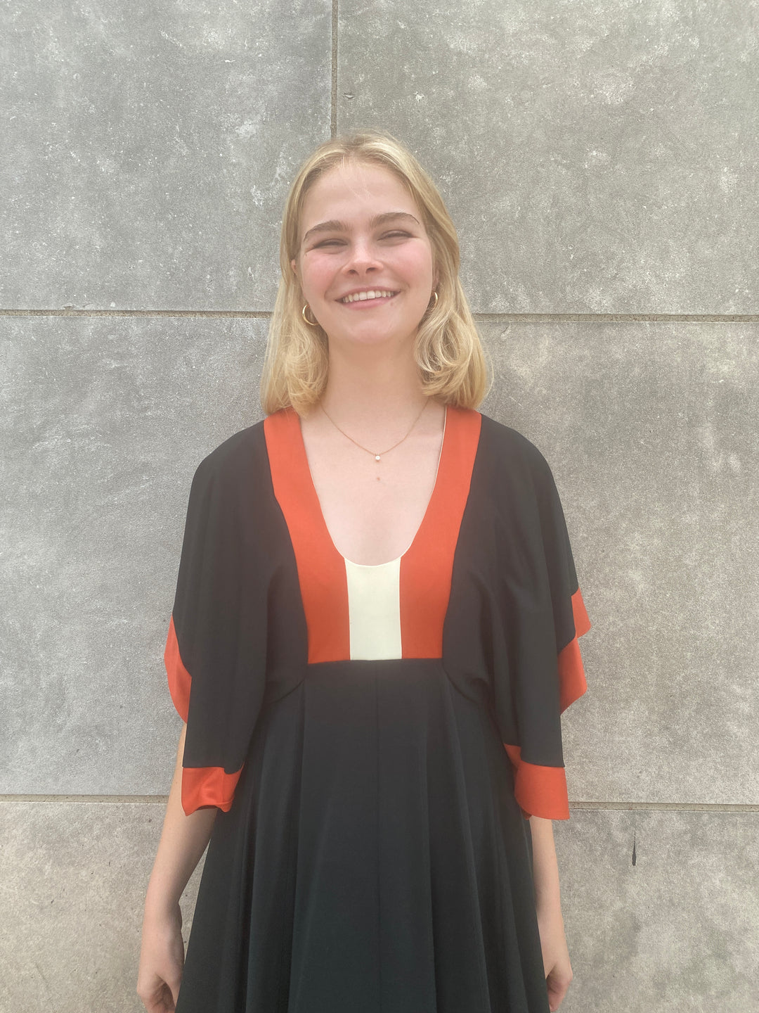 70s Black Orange Polyester Dress, Angel Wing Sleeves
