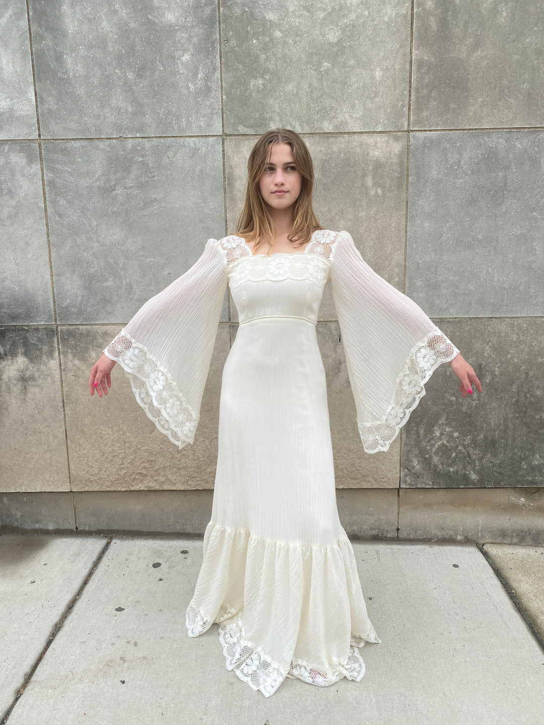 70s Ivory Cotton Maxi Dress Angel Wing Sleeves, Nadine