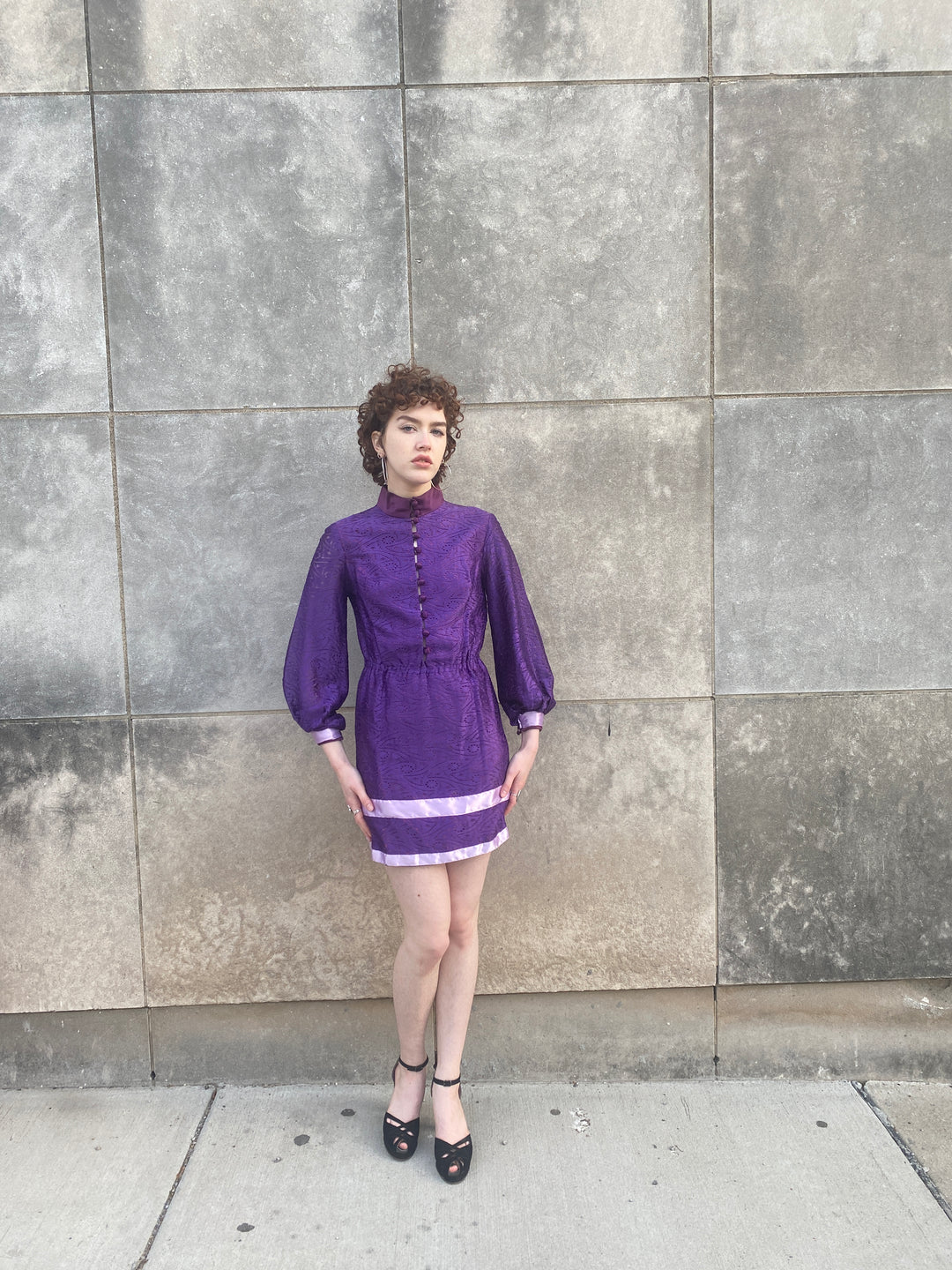 70s Purple Lace Mini Dress, High Neck Collar