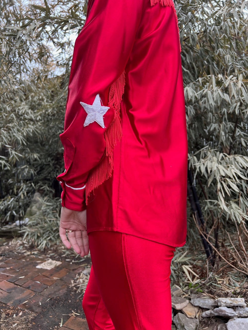 80s Red Nylon Western Shirt with Fringe, Rockmount