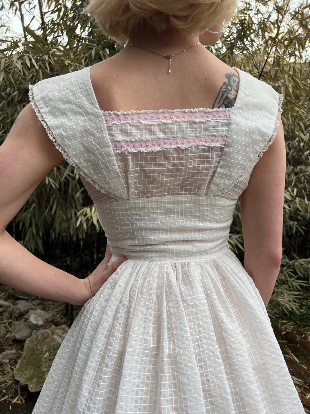 50s White Grid Pattern Nylon Party Dress