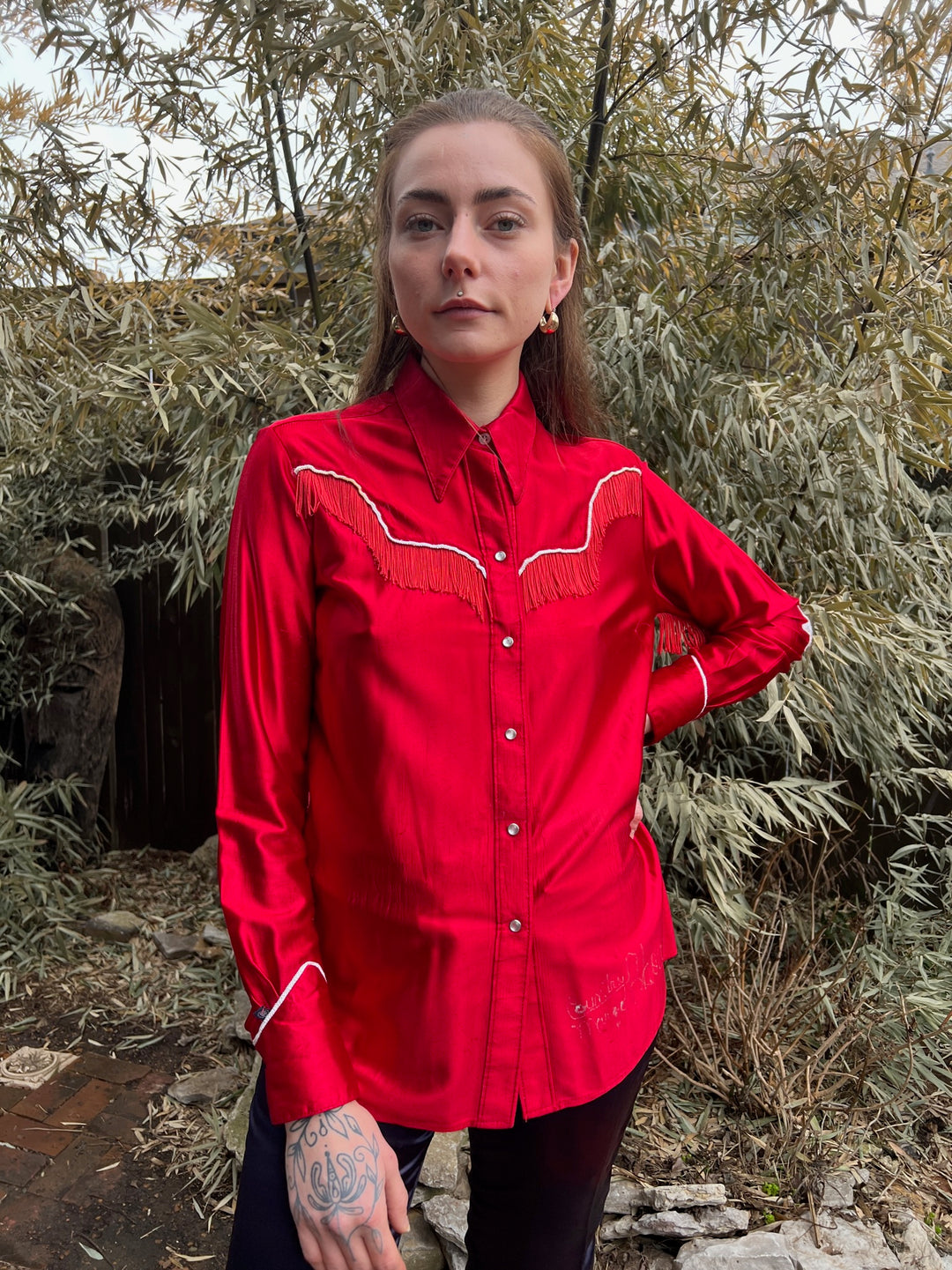 80s Red Nylon Western Shirt with Fringe, Rockmount
