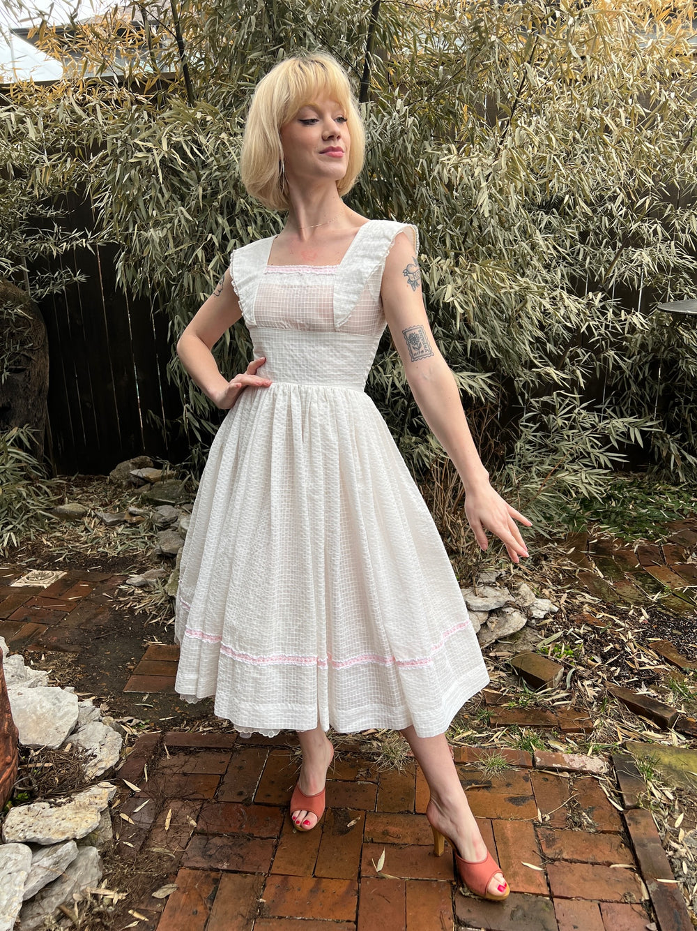 50s White Grid Pattern Nylon Party Dress