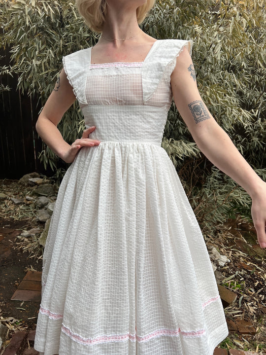 50s White Grid Pattern Nylon Party Dress