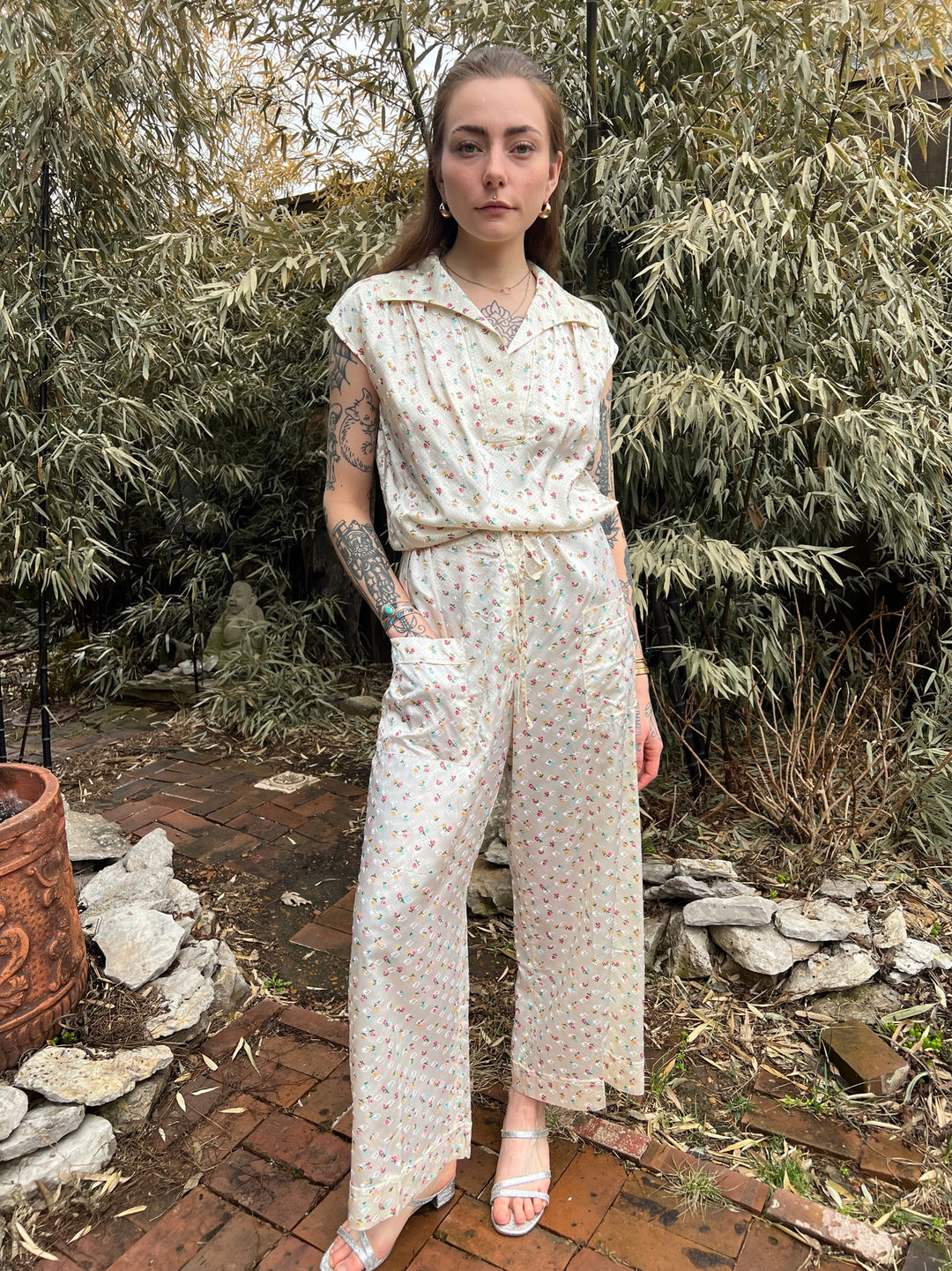 50s Pearl Floral Satin Pajama Set