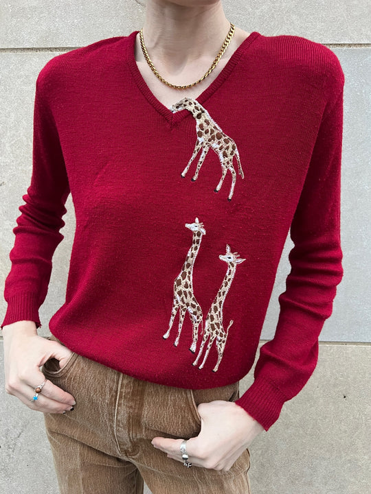 70s Maroon Acrylic Sweater, Giraffe Appliqué