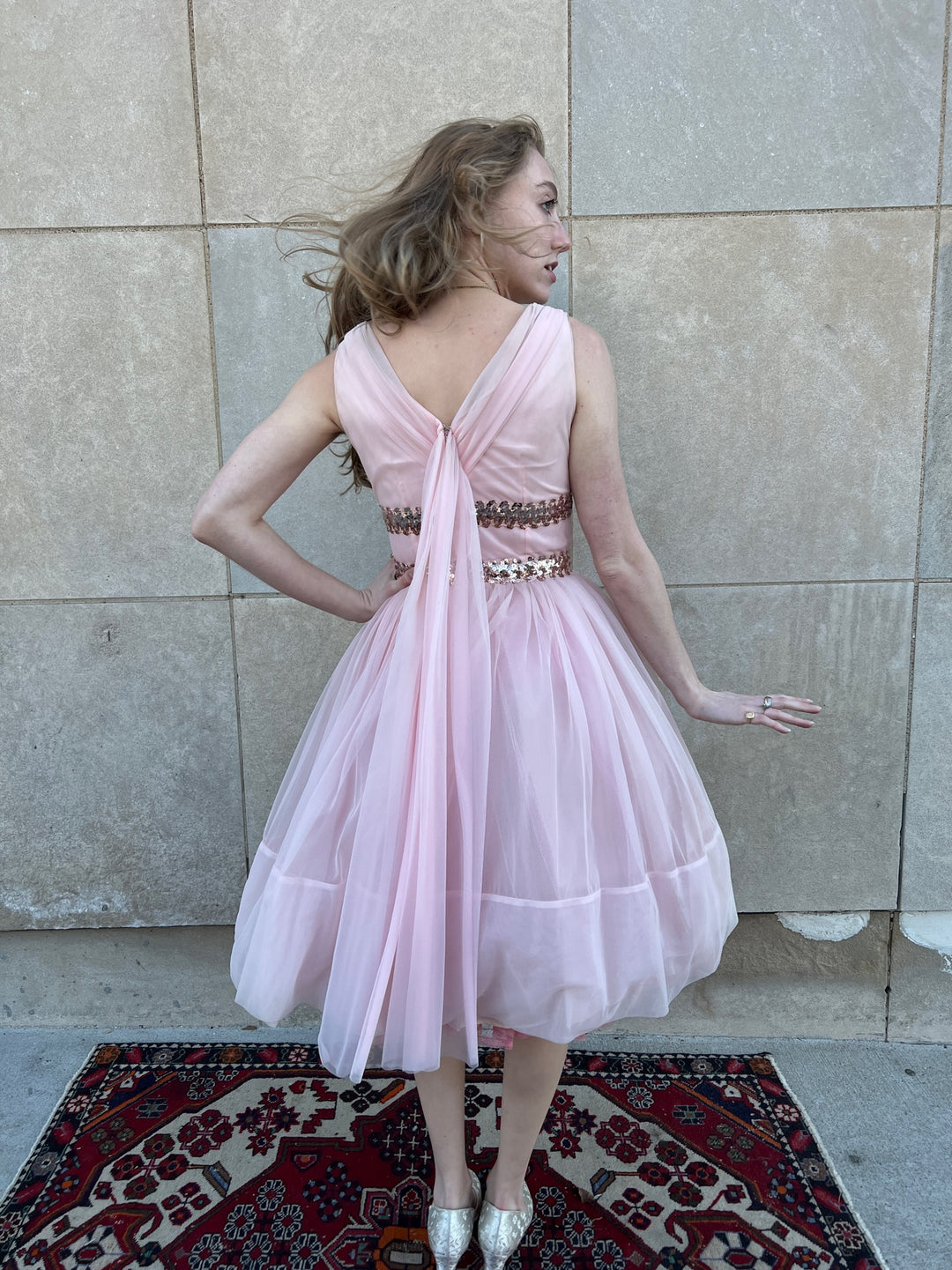 50s Pink Nylon Party Dress, Sequined Accent