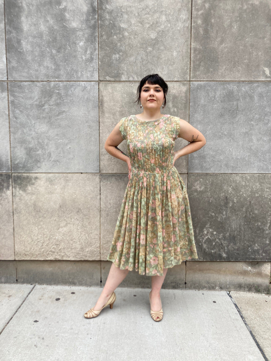 1950s Floral Pleated Dress