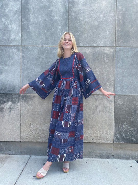 70s Vintage Blue White Red Patchwork Print Maxi Dress, Wide Sleeves
