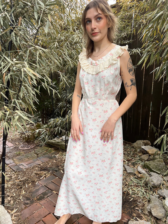 50s White Pink Floral Rayon Nightgown with Lace Trim