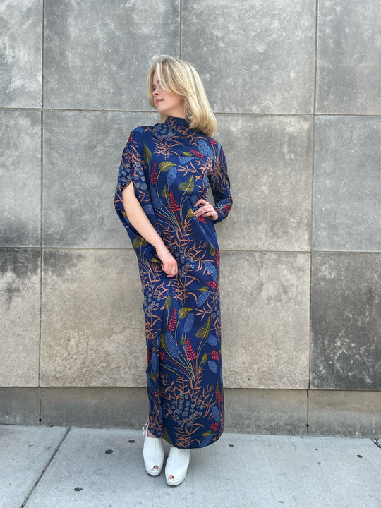 70s Blue Botanical print Poly Maxi Dress, 1 Long Sleeve