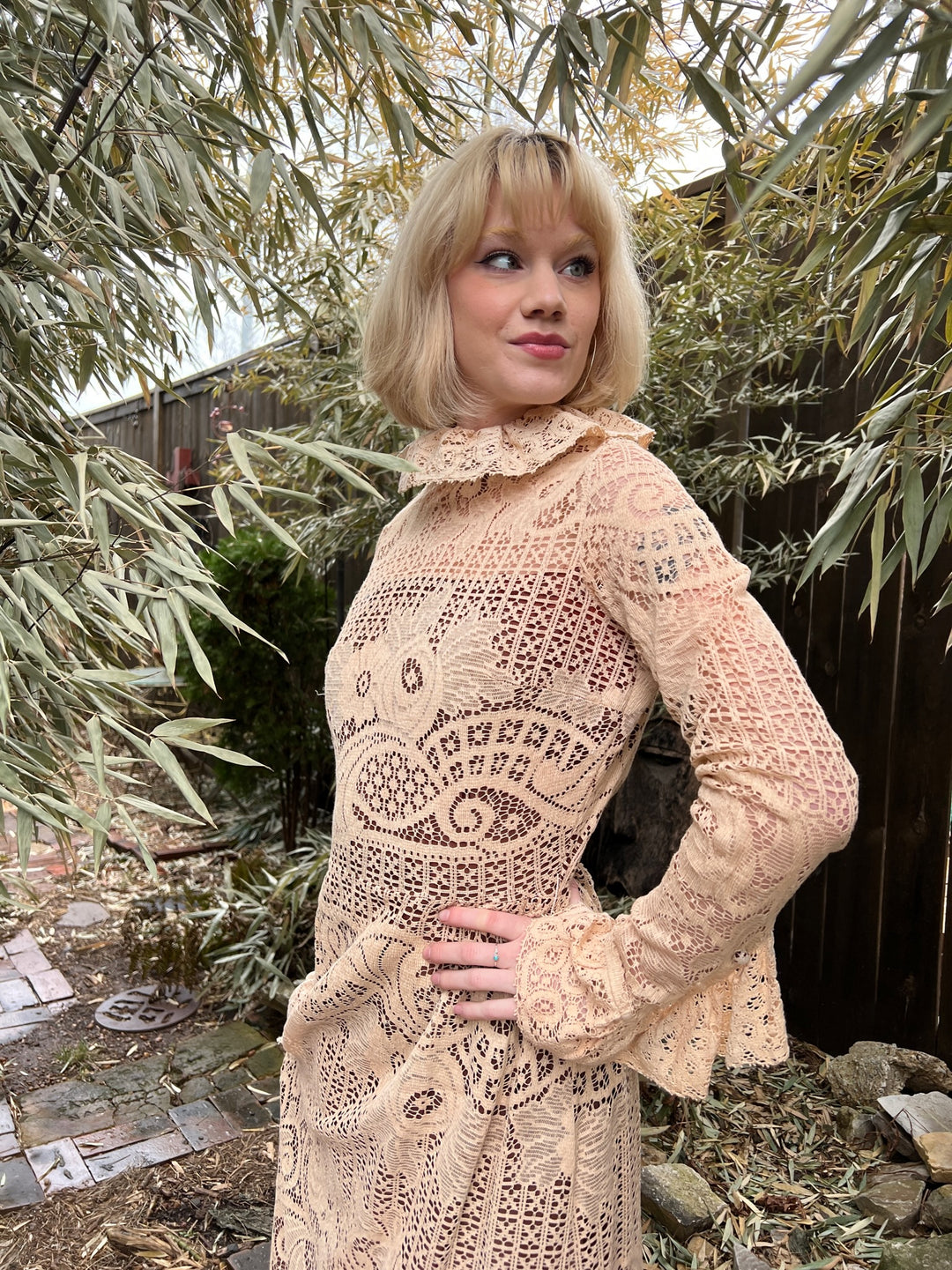 70s Brown Nylon Maxi Dress, Creme Lace Overlay, Joy Stevens of Califor The Hip Zipper Nashville 70s Brown Nylon Maxi Dress, Creme Lace Overlay, Joy Stevens of Califor The Hip Zipper Nashville
