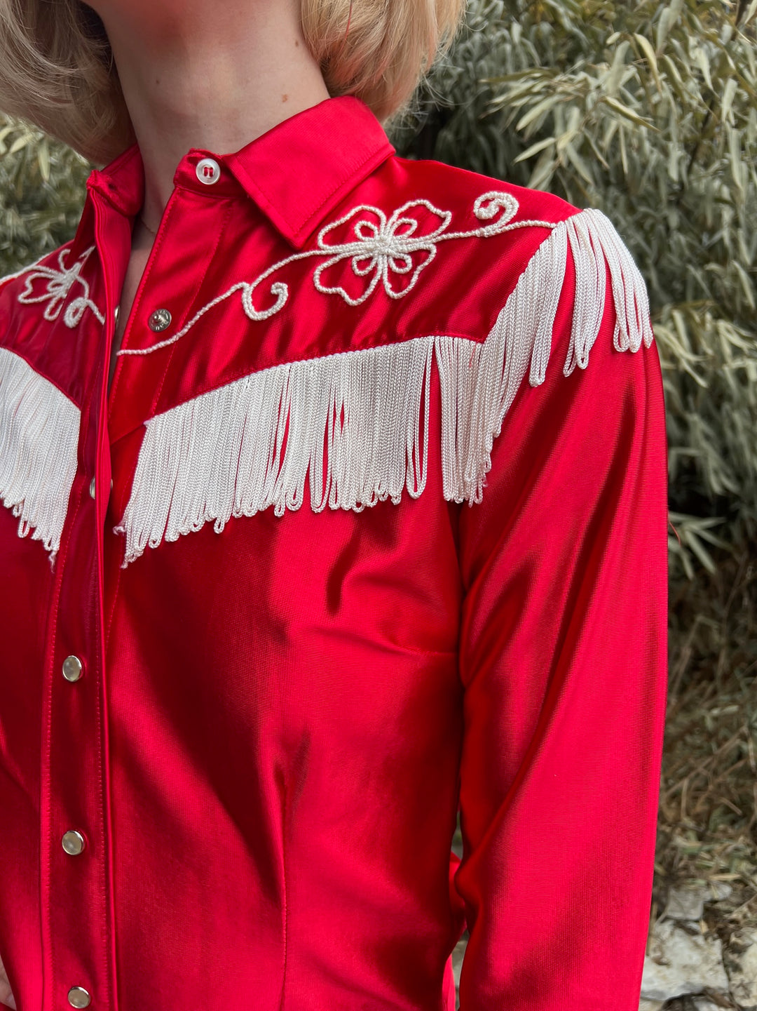 80s Red Nylon Western Shirt, Fringe and Embroidery, H Bar C