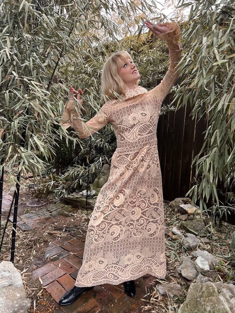 70s Brown Nylon Maxi Dress, Creme Lace Overlay, Joy Stevens of