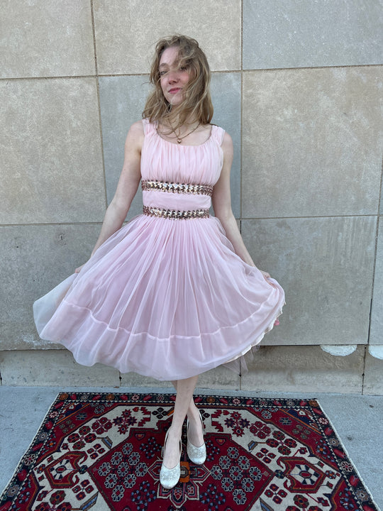 50s Pink Nylon Party Dress, Sequined Accent