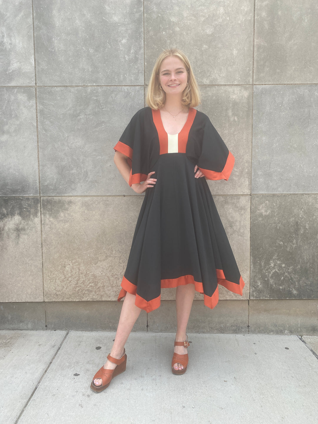 70s Black Orange Polyester Dress, Angel Wing Sleeves