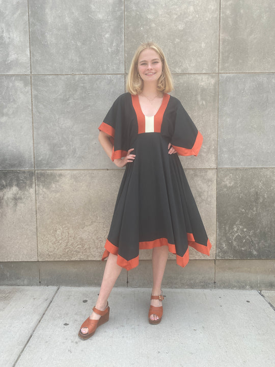70s Black Orange Polyester Dress, Angel Wing Sleeves