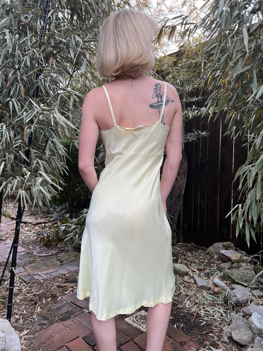 40s Yellow Satin Full Slip Dress, Bias Cut, L' Elegance