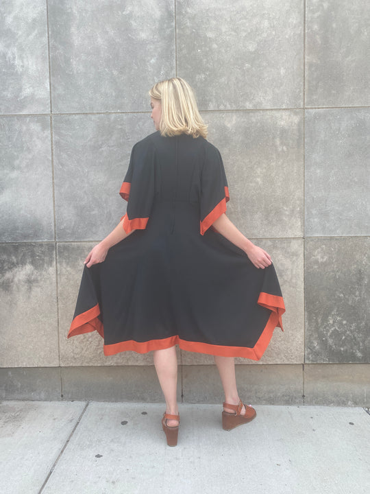 70s Black Orange Polyester Dress, Angel Wing Sleeves