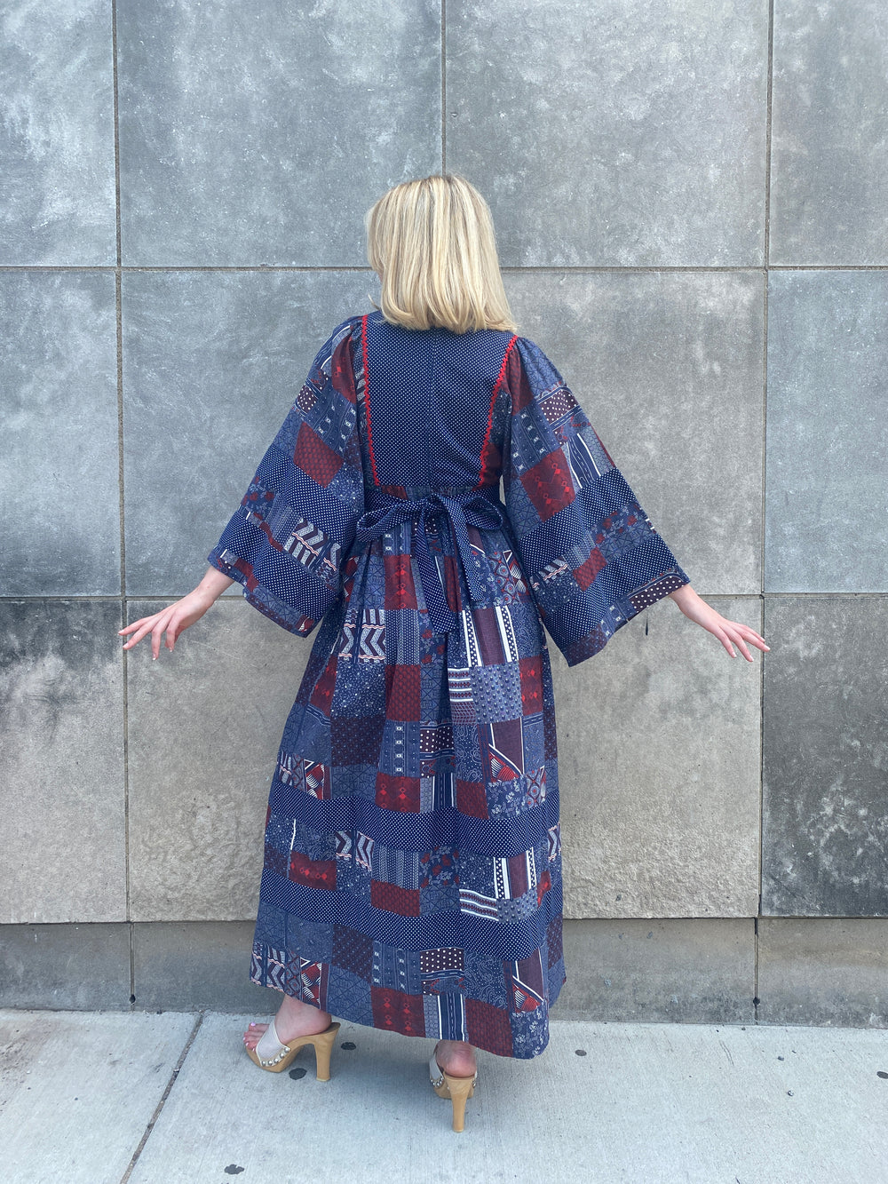 70s Vintage Blue White Red Patchwork Print Maxi Dress, Wide Sleeves