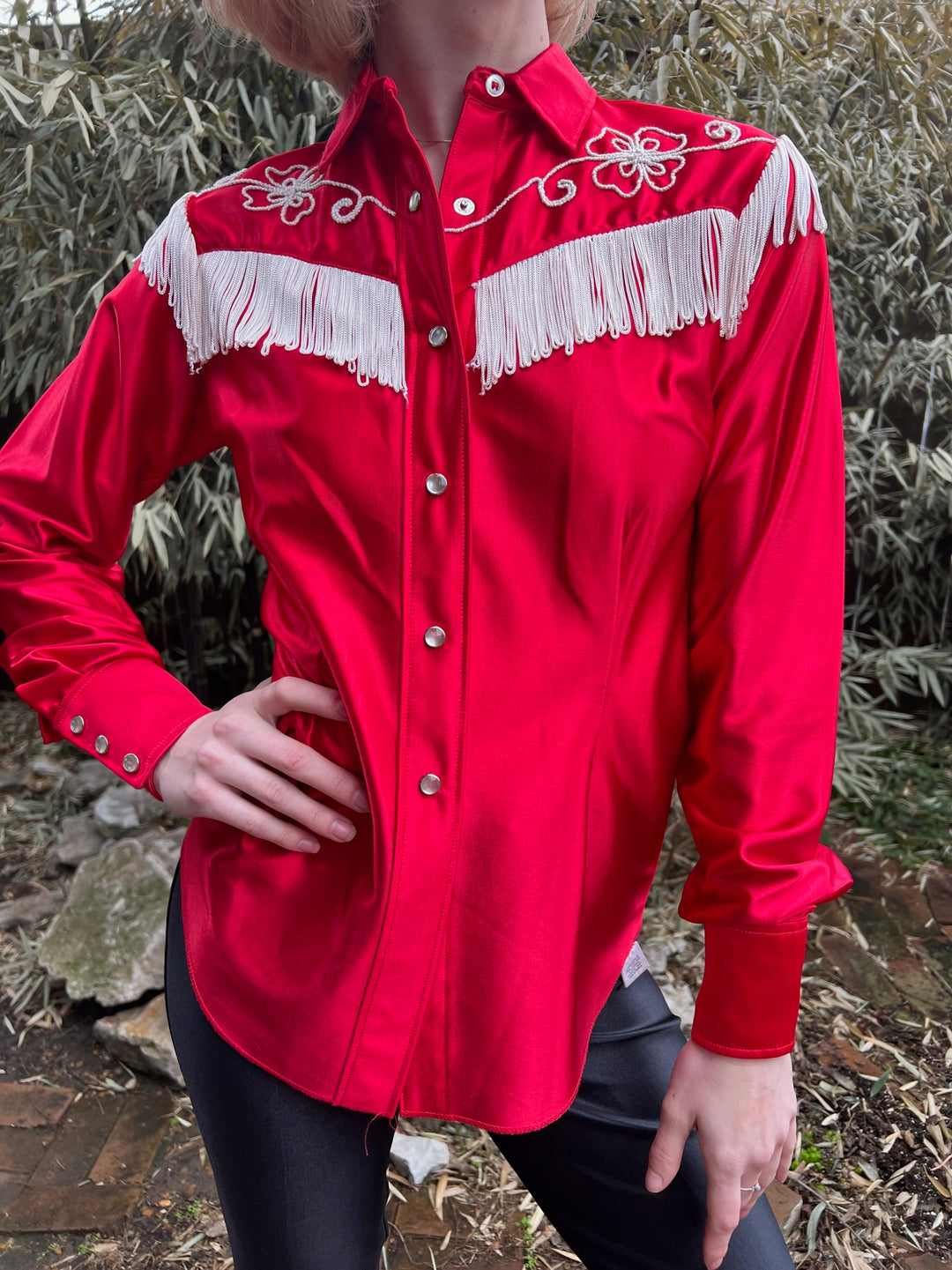 80s Red Nylon Western Shirt, Fringe and Embroidery, H Bar C