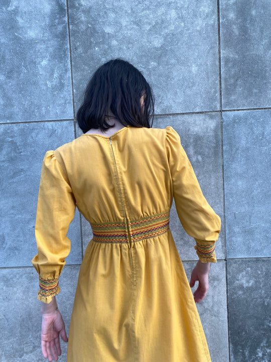 70s Vintage Gold Cotton Dress, Rainbow Smocking