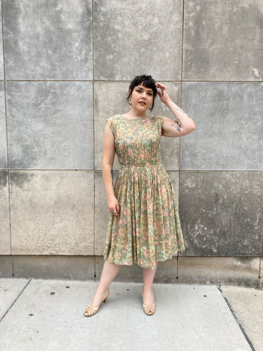 50s Pastel Floral Cotton Dress with Pin-tucking