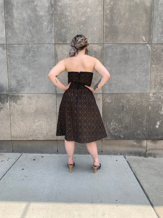 80s Bronze Black Floral Strapless Dress, Cindy Lynn