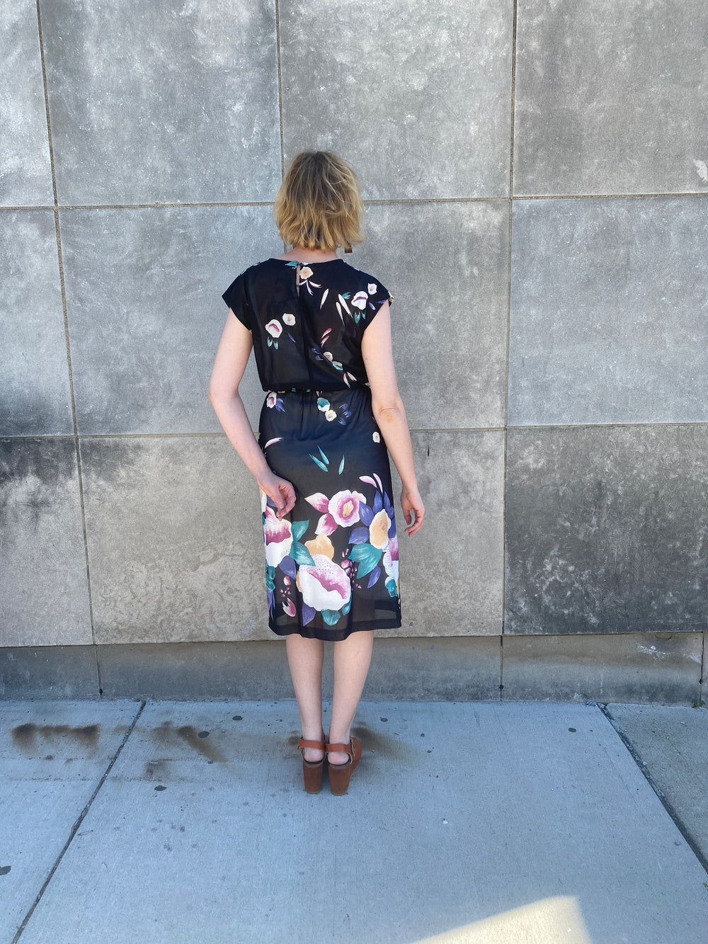70s Black Floral Nylon Sheer Dress