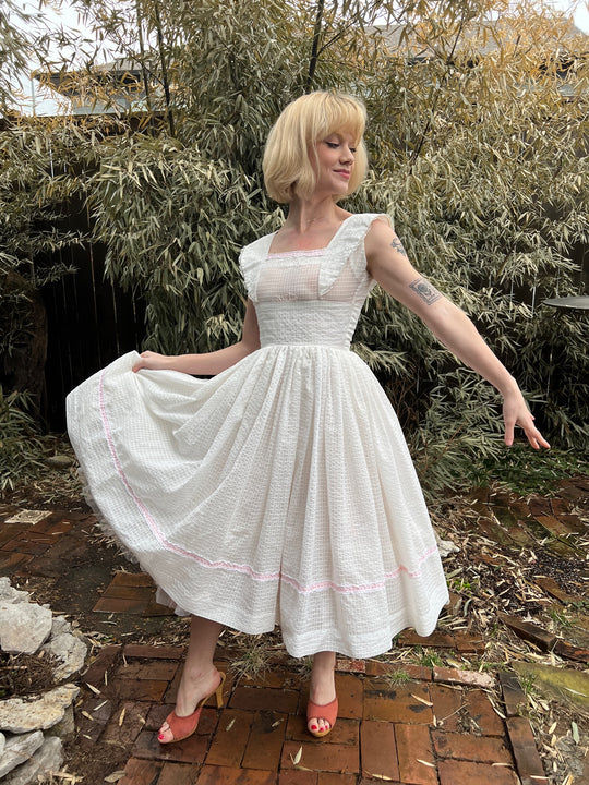 50s White Grid Pattern Nylon Party Dress