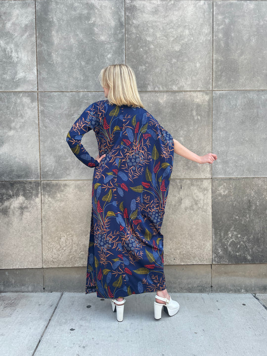 70s Blue Botanical print Poly Maxi Dress, 1 Long Sleeve